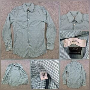 Versace Collection Dress Shirt Mens 15 Green Check Slim Fit Cotton Long Sleeve